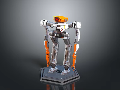 Orange And White Humanoid Robot With Red Eye Sensor Mechanical Limbs Standing On Display Platform 3d model