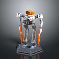 Orange And White Humanoid Robot With Red Eye Sensor Mechanical Limbs Standing On Display Platform