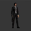 Game Movie Character Man in Black Suit with Torn Details Holding Gun Against Gray Background