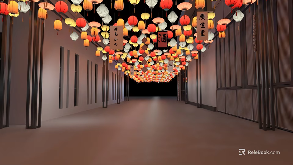 Commercial Equipment Display Corridor In Chinese Style With Hanging Red White Lanterns And Side Doors 3d model 