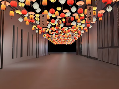 Commercial Equipment Display Corridor In Chinese Style With Hanging Red White Lanterns And Side Doors 3d model
