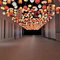 Commercial Equipment Display Corridor In Chinese Style With Hanging Red White Lanterns And Side Doors