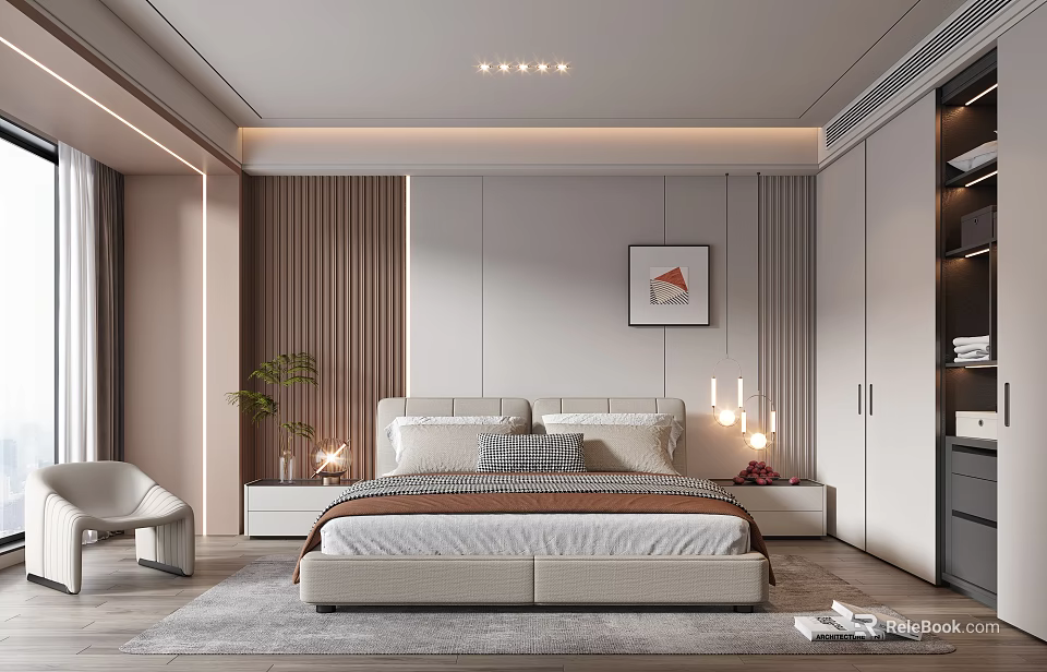 Modern Bedroom Interior With Upholstered Bed Wall Art Lamps Potted Plant And Area Rug 3d model 
