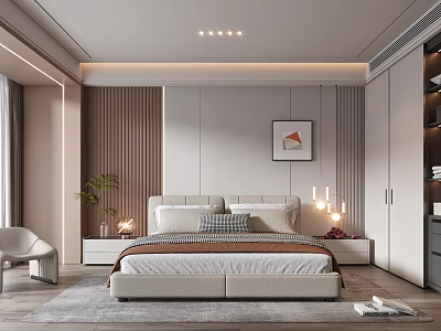 Modern Bedroom Interior With Upholstered Bed Wall Art Lamps Potted Plant And Area Rug 3d model