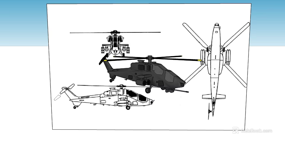 Hand Drawn Helicopters Illustrations Showcasing Various Views And Design Features 3d model
