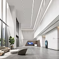 Modern Sleek Lobby Reception Desk With Large Windows Natural Light Beige Sofas And Potted Plant