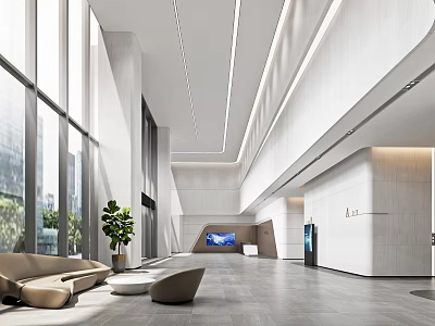 Modern Sleek Lobby Reception Desk With Large Windows Natural Light Beige Sofas And Potted Plant 3d model