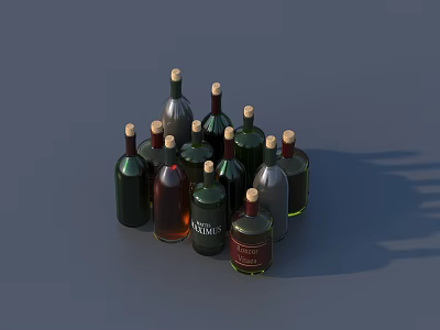 Assorted Wine Bottles And Glasses In Various Colors Arranged For 3d model