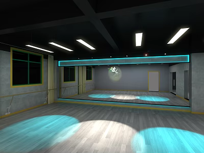 Spacious Indoor Fitness Studio With Mirrored Walls Wooden Floor And Blue Lighting 3d model