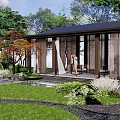 Garden Pergola with Black Roof Surrounded by Trees Greenery and Water Feature