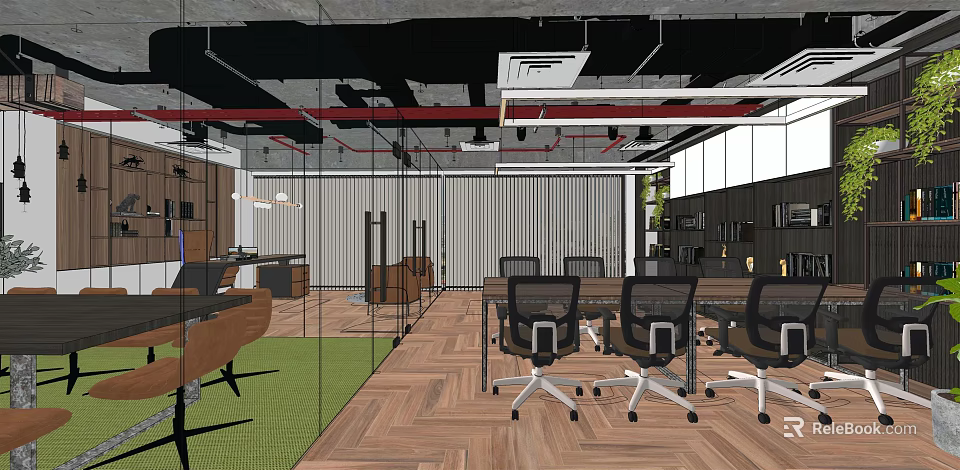 Modern Public Office Space With Open Layout Glass Partitions And Wooden Flooring 3d model 