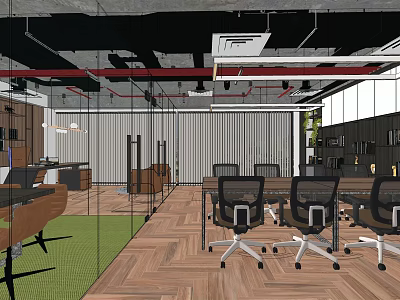 Modern Public Office Space With Open Layout Glass Partitions And Wooden Flooring 3d model