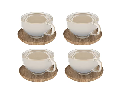 Delicious Warm Beverage in Four White Ceramic Cups with Wooden Coasters 3d model