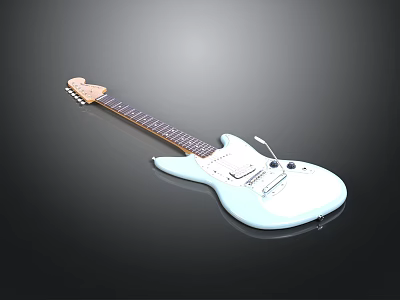 White Electric Guitar With Wooden Neck Steel Strings And Pickups On Black Background 3d model