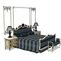 Classic European Double Bed With Carved Headboard Nightstands Table Lamps Bed Bench And Decorative Panels