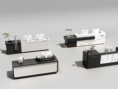 Elegant Modern Reception Desk Design With Marble Top And Green Plants 3d model