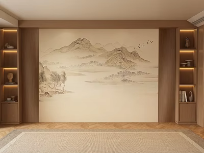 Elegant Sofa Background Wall With Chinese Landscape Painting Side Wooden Shelves And Decorative Items 3d model