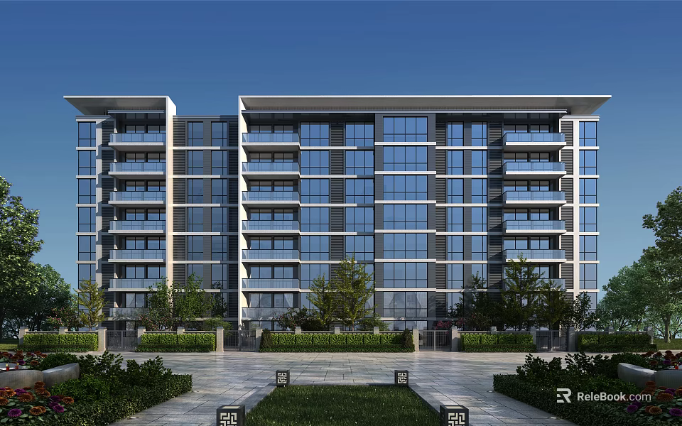 Modern Multi Storey Residential Building With Glass Curtain Walls And Greenery Courtyard 3d model 