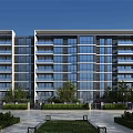 Modern Multi Storey Residential Building With Glass Curtain Walls And Greenery Courtyard