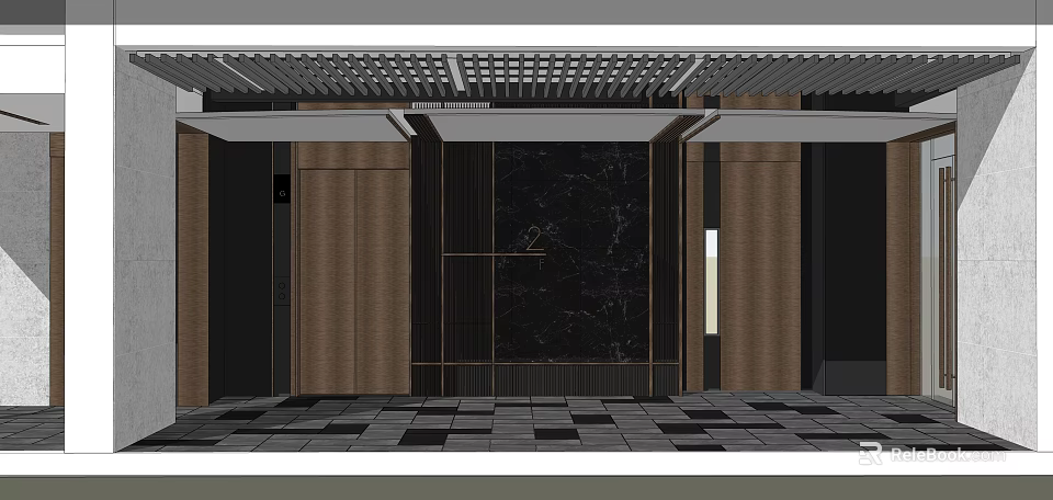 Modern Elevator Lobby Design With Grid Ceiling Marble Wall And Checkerboard Floor 3d model 