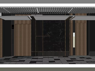 Modern Elevator Lobby Design With Grid Ceiling Marble Wall And Checkerboard Floor 3d model
