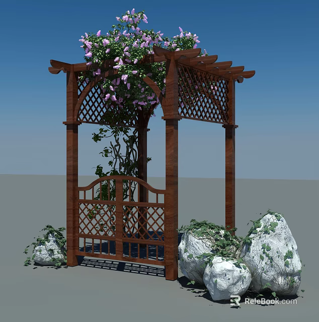 Wooden Pergola With Lattice Top And Pink Flowering Vines Front Gate Green Ivy On Stones 3d model 