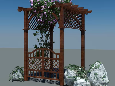 Wooden Pergola With Lattice Top And Pink Flowering Vines Front Gate Green Ivy On Stones 3d model