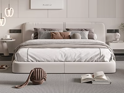 Modern White Upholstered Double Bed With Multiple Pillows Striped Rug And Open Book 3d model