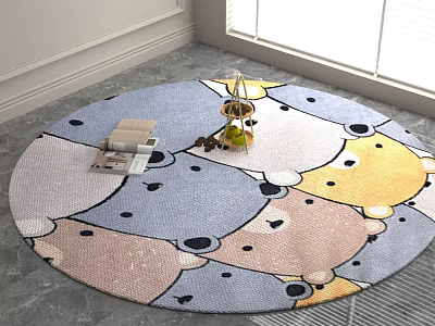 Colorful Round Rug With Cartoon Bear Faces In Room Corner With Potted Plant And Books 3d model