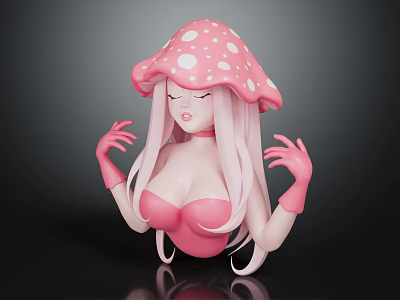 Pink Mushroom Character With White Spots Long Hair Pink Gloves And Closed Eyes 3d model