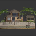 Wooden House on Beach with Palm Trees Patio and Waterfront Dock