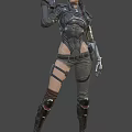 Woman In Futuristic Advanced Tech Armor Holding Gun Against Dark Background