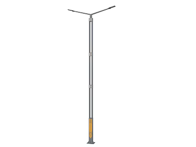 Public Street Light With Tall Metal Pole Double Lighting Arms And Yellow Base Design 3d model