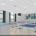 Modern Laboratory Interior With Blue Lab Tables White Stools Large Windows And Screen Setup 3d model