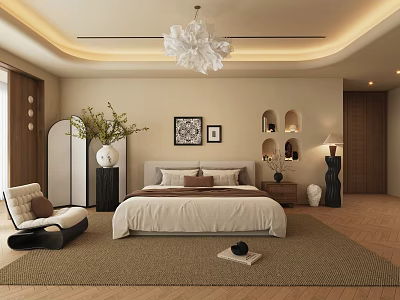 Modern Beige Living Room Interior With Chandelier Rug Decorative Art Screen And Green Plants 3d model