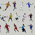 Multiple Football Players in Various Action Poses Kicking Running with Soccer Balls
