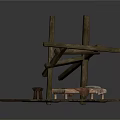 Rustic Wooden Furniture Set With Simple Bed And Small Stool On Plank Platform