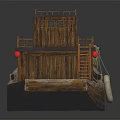 Traditional Wooden Water Transport Boat Featuring Upper Cabin Red Lanterns Lifebuoy And Deck