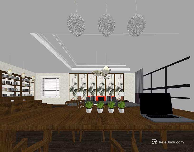 Modern Office Interior With Long Wooden Table Laptop Potted Plants Hanging Lights And Large Windows 3d model 