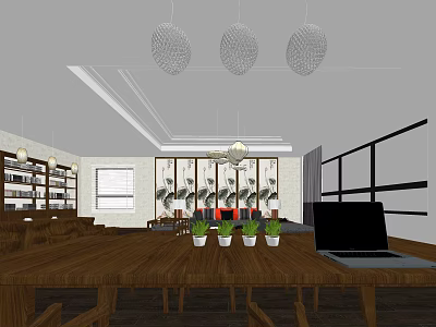 Modern Office Interior With Long Wooden Table Laptop Potted Plants Hanging Lights And Large Windows 3d model