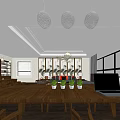 Modern Office Interior With Long Wooden Table Laptop Potted Plants Hanging Lights And Large Windows