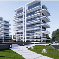 Modern Residential Building Architectural Design With Balconies Greenery Trees And Recreational Outdoor Space