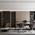 Modern Office Interior With Dark And Light Colors Sofa Desk Chairs Bookshelves Plant And Window