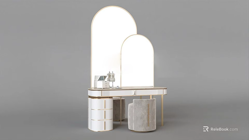 Elegant Modern Dressing Table With Double Arched Mirrors Marble Top And Textured Stool 3d model 