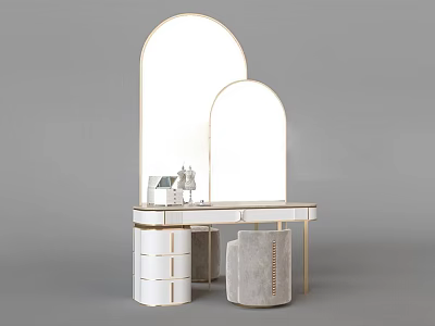Elegant Modern Dressing Table With Double Arched Mirrors Marble Top And Textured Stool 3d model