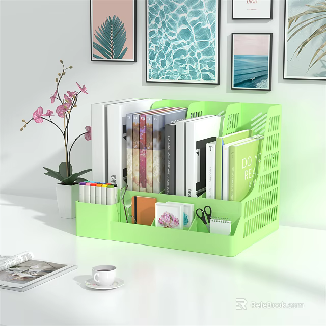 Green Storage Shelf Organizing Books Stationery And Office Supplies On Desk 3d model 