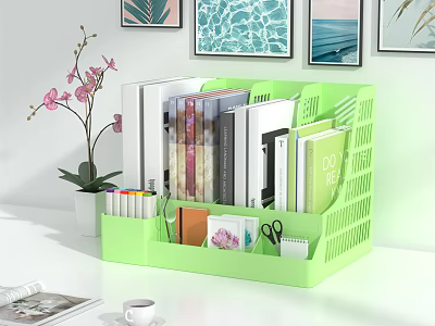 Green Storage Shelf Organizing Books Stationery And Office Supplies On Desk 3d model