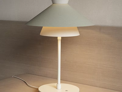 Modern Minimalist Table Lamp With Double Layer Shade White Base Warm Light On Wooden Table 3d model