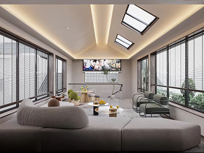 Spacious Bright Modern Living Room With Skylights Large Floor Windows And Comfortable Lounge Furniture 3d model