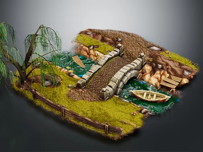 Cartoon Scene With Willow Tree Stone Bridge River Small Boat Wooden Fence And Green Grass 3d model